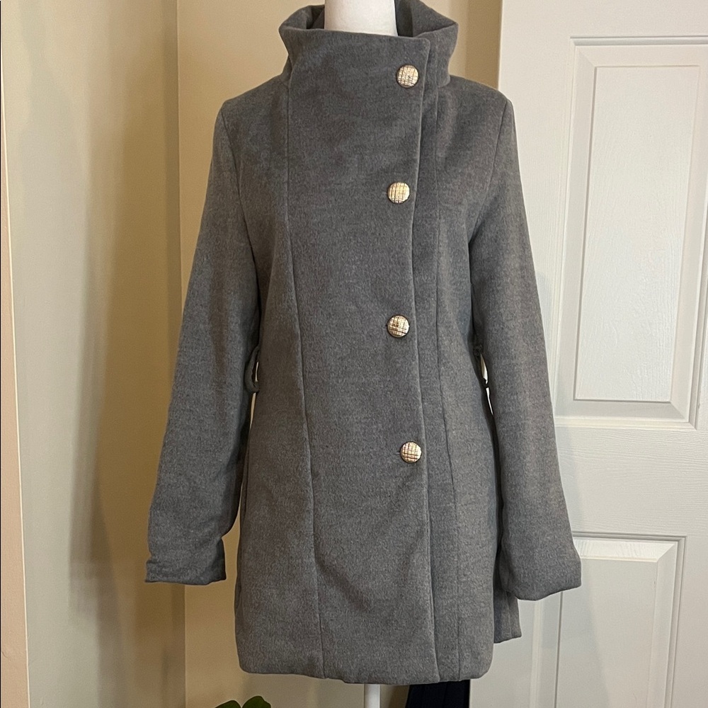 Elegant Women's High-Collar Gray Pea Coat Size M